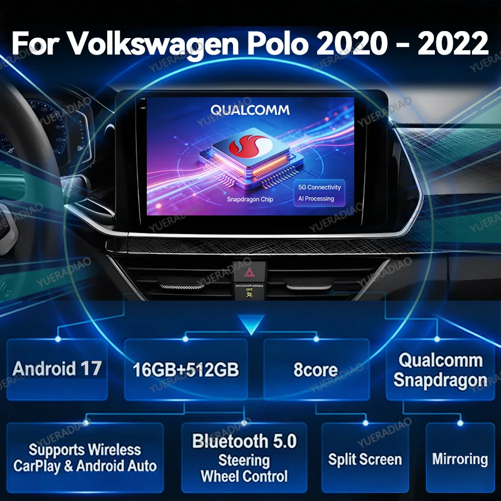 Android 17 Car Radio For Volkswagen Polo Mk6 VI 6 2020 - 2022 Qualcomm 2DIN Multimedia Video Player 4G LTE 5G WIFI GPS NAVI QLED