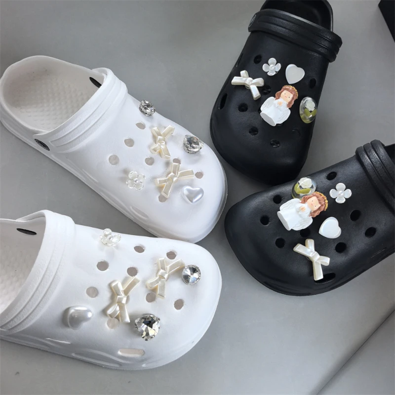 Elegant Angel Shoes Charms Set White Bow & Rhinestone Shoe Accessories Resin Clog Decorations for Sandals Perfect Gift for Girls