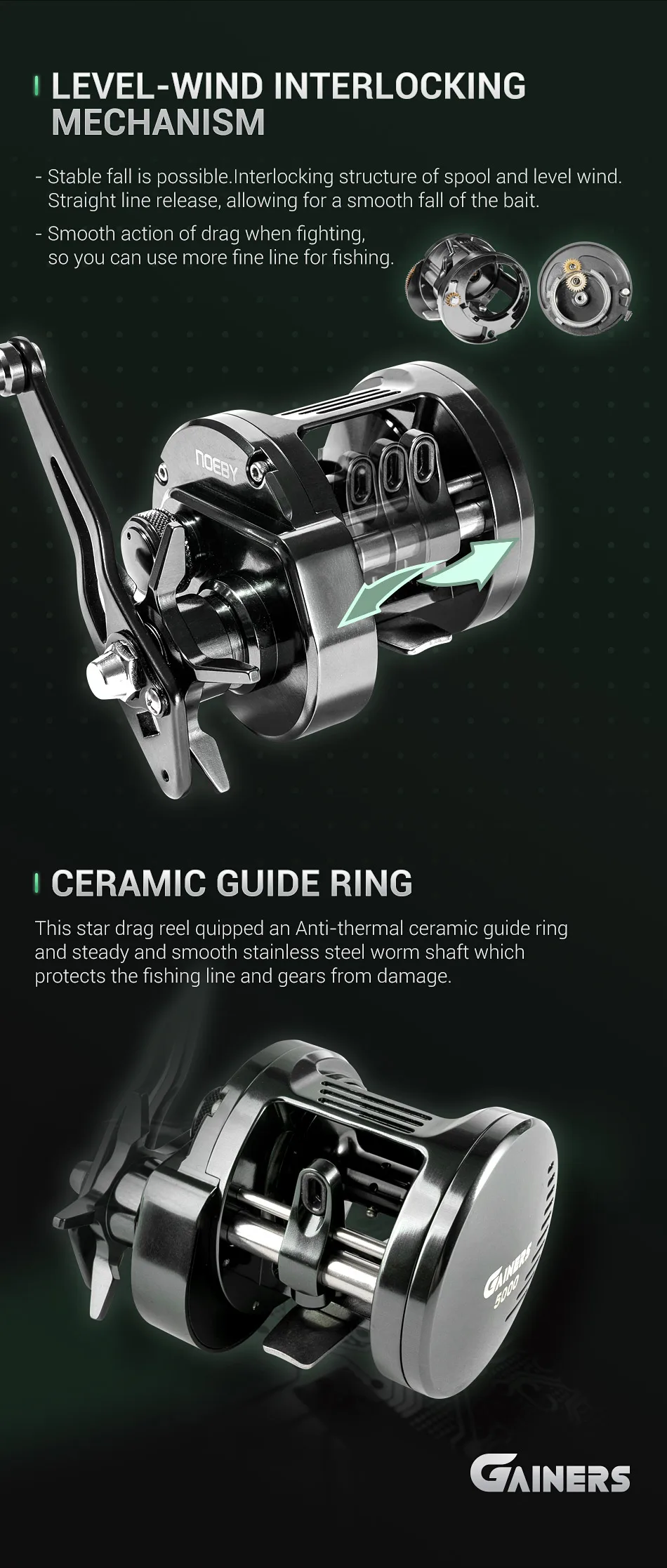 Noeby-Light Metall-Jiggingrolle, 12kg Max Bremskraft, Star Drag, Slow Jigging Rolle, Meeres-Baitcasting-Rolle, 383G, Übersetzungsverhältnis 6.5:1 – Detail 8