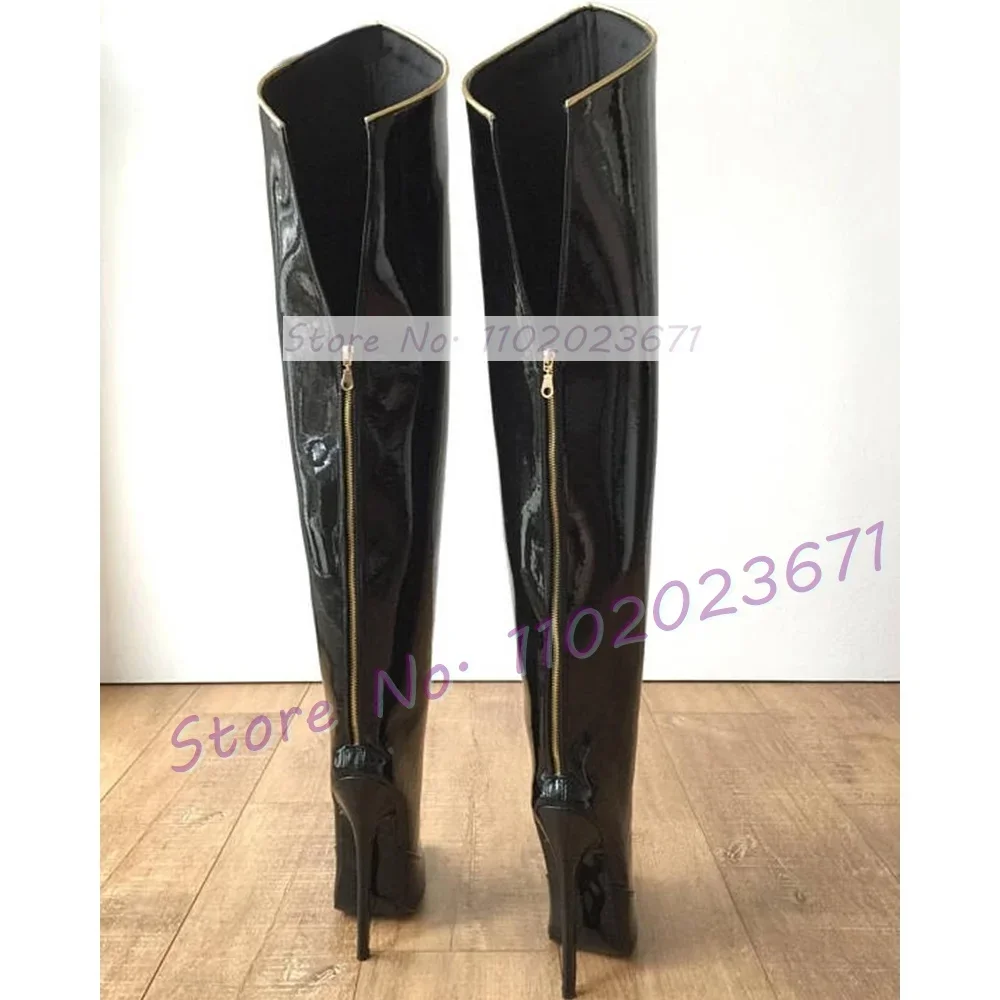 Wide Fit Thigh High Women Boots Women Hollow Out Back-zip Patent Leather Shoes Ladies Pointy Toe 16cm Super High Heel Boots