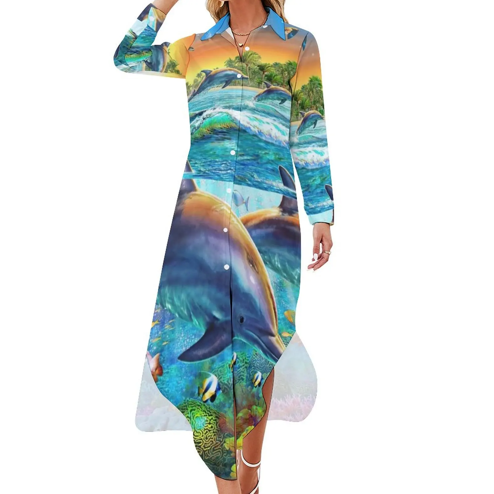 Dolphins And Marine Life Long Sleeved Shirt Dress sexy dress elegant guest wedding dress for women summer