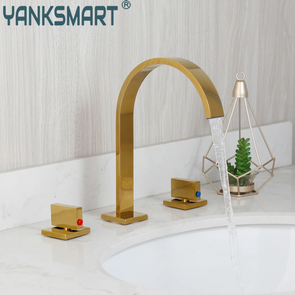 

YANKSMART Gold Polished 3 Pcs Bathroom Faucet Dual Handles Bathtub Faucets Deck Mounted Basin Hot and Cold Sink Mixer Water Tap