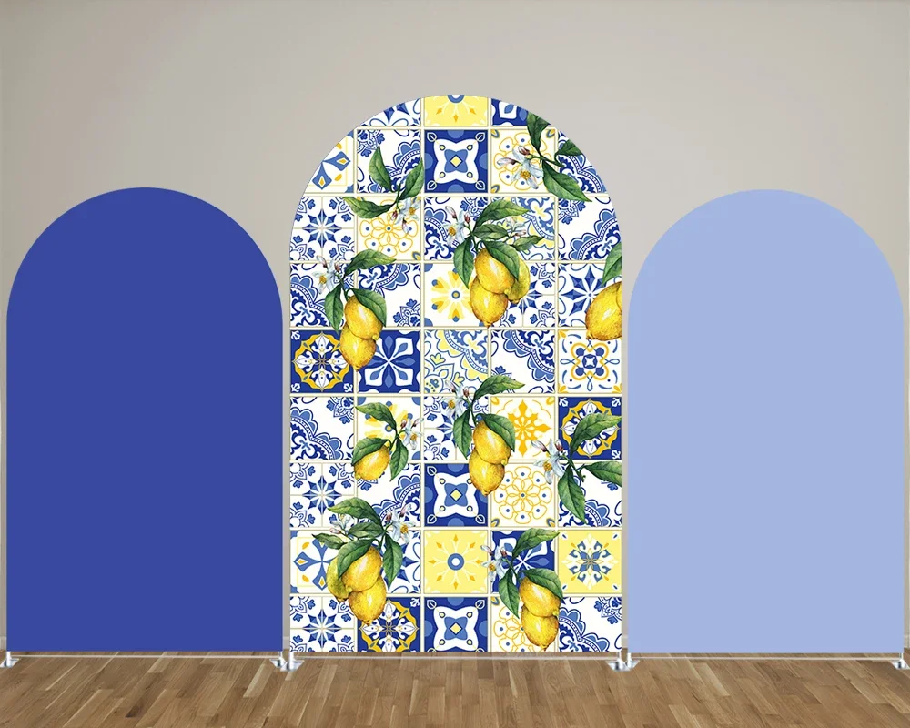 Blue and White Porcelain Lemon Double Sided Arch Backdrop Cover for  Theme Parties, Newborn Photograph Decoration Props