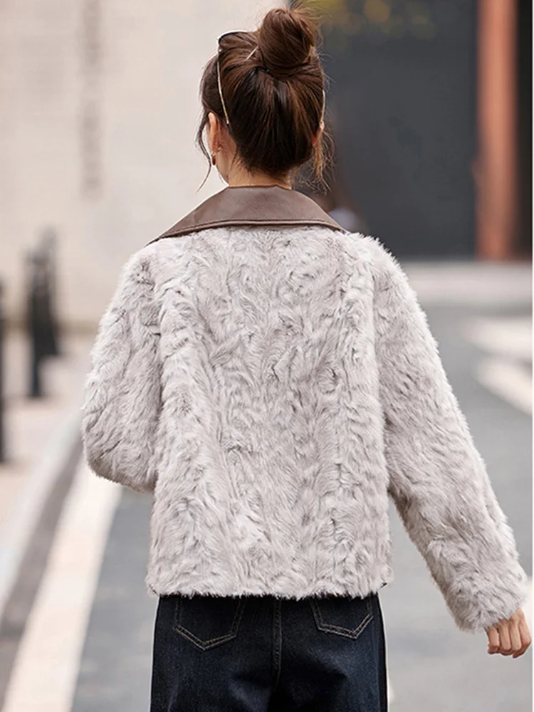 New Women Double Faced Velvet Split Leather Jacket Autumn Winter Fashion Turn-down Collar Thick Warm Loose Short Coat Female