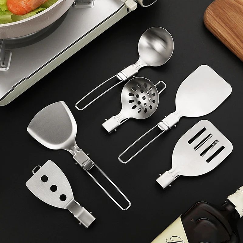 Outdoor Folding Kitchenware Set Camping Travel Portable Stainless Steel Stir Frying Pot Shovel Soup Spoon