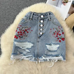 Foamlina High Street Jeans Skirt Women New Summer Buttons High Waist Flowers Emboridery Ripped Holes A Line Mini Denim Skirts