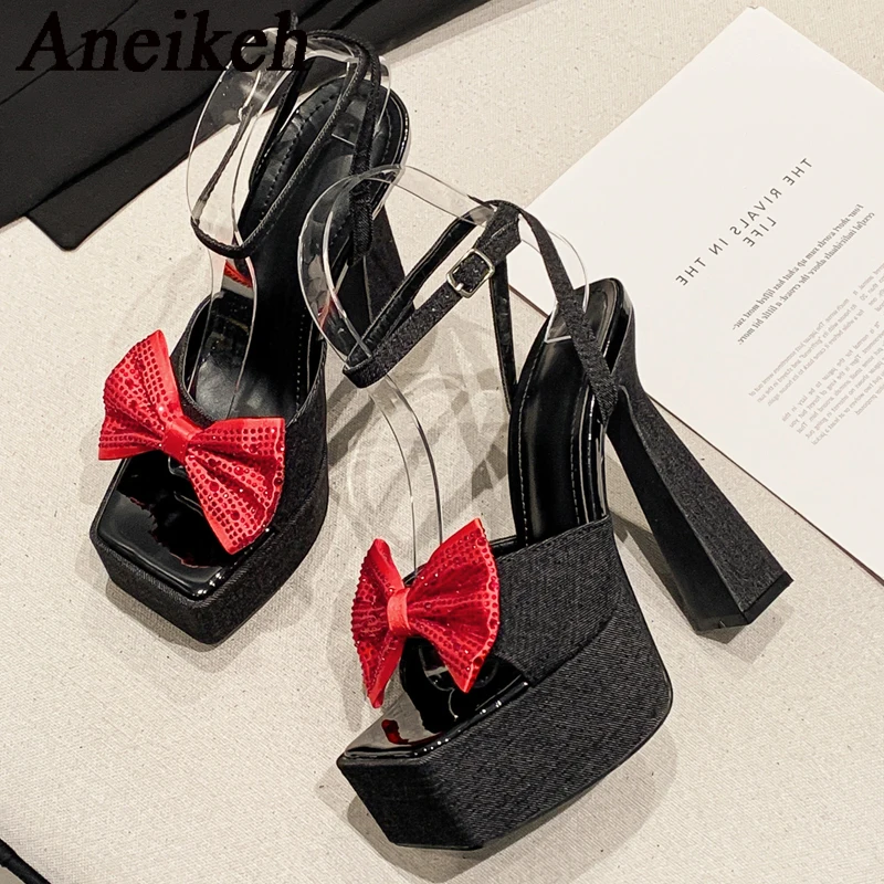 Aneikeh 2024 Summer Denim Square Toe Butterfly-Knot Platform Chain Peep Toe Women Sandals Sexy Buckle Strap Party Stripper Shoes