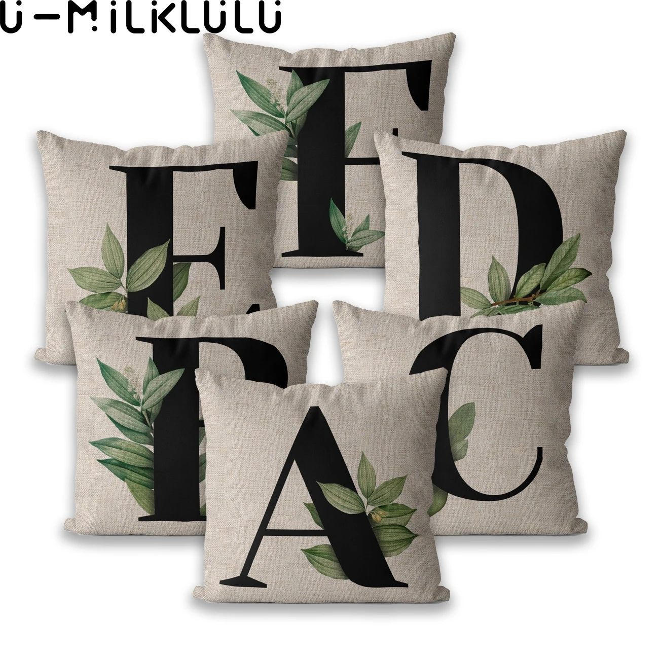 

English ABC Letters Pattern Plant Leaves Nordic Pillow Case 45*45 40X40 Home Decor Plain Pillow Cover Beige Linen Cushion Cover