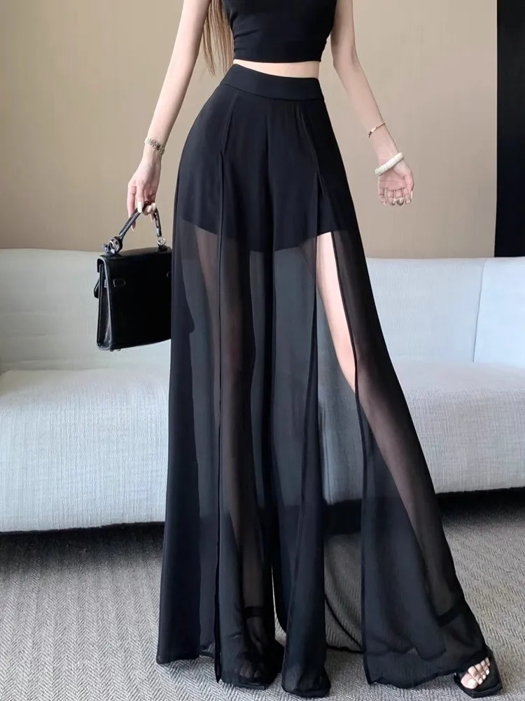 Women's Ice Silk Pants Mesh Patchwork Slit Wide Leg Pant Skirt  High-Waist Thin Floor Trousers Beach Vacation Party Clothes Lady