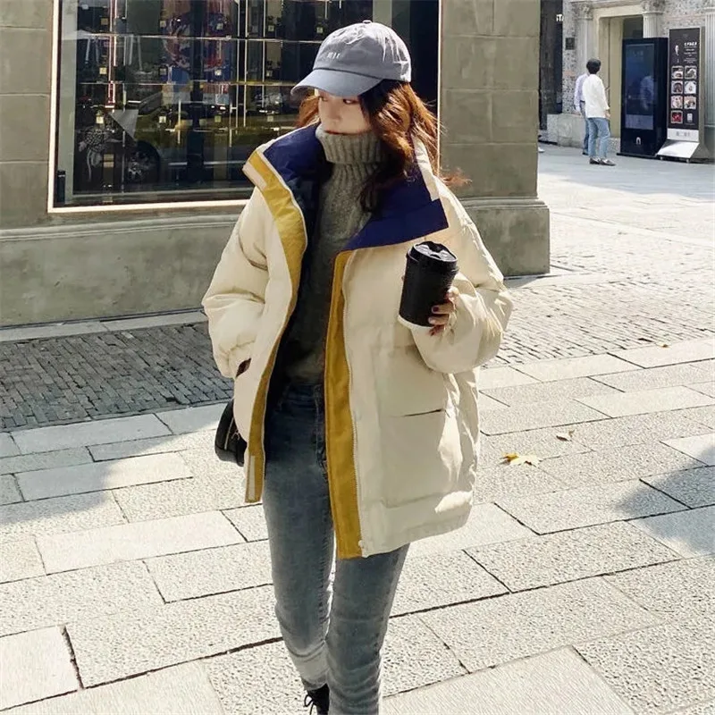 

Padded Coat Women Autumn Winter Pop Splicing Zipper Long Sleeve Loose Stand Collar Jackets Simple Commuter Casaco Feminino Parka