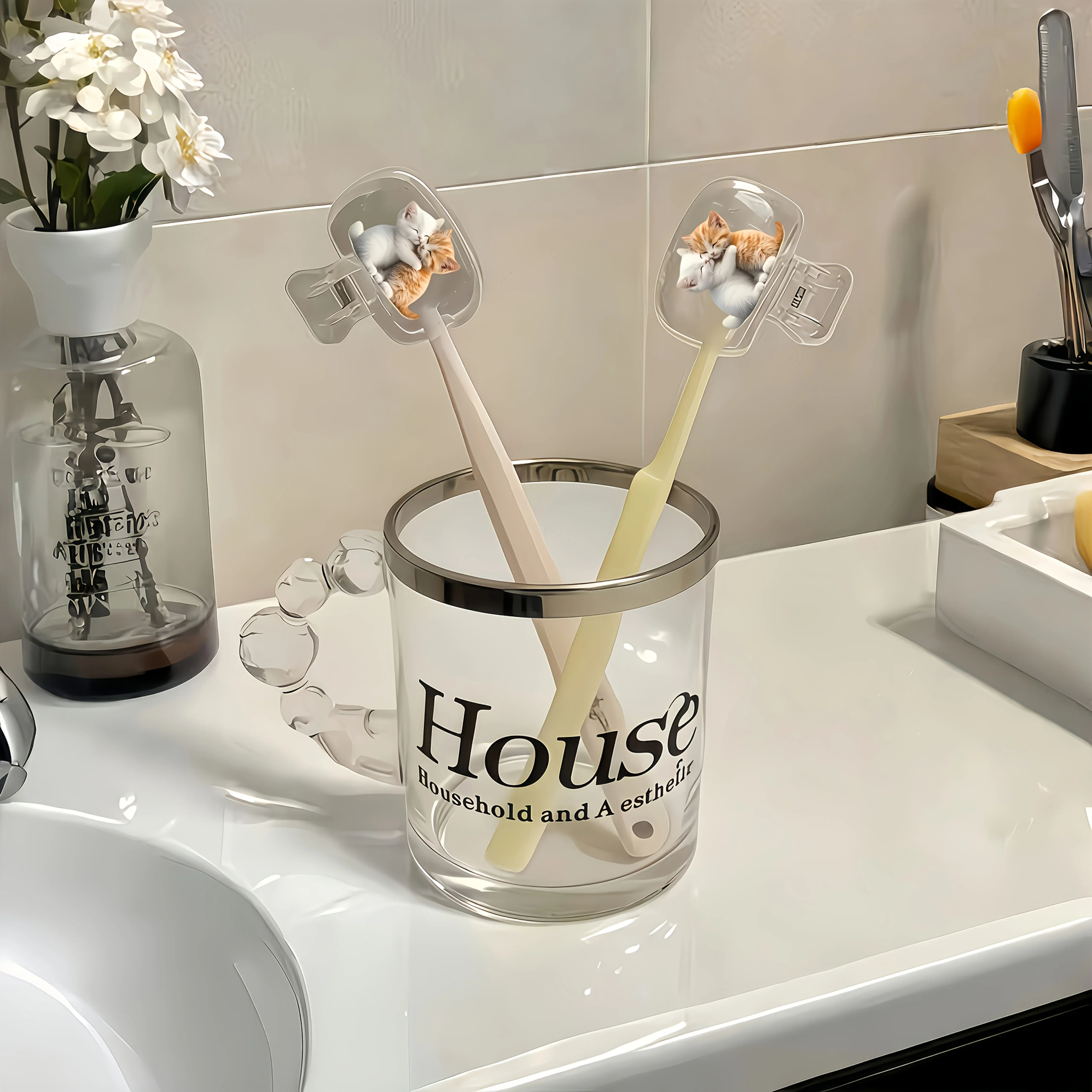 2pcs Mutual Embrace Cat Toothbrush Holder Suitable for Home And Travel Daily Toothbrush Maintenance lovely Gift for Couple