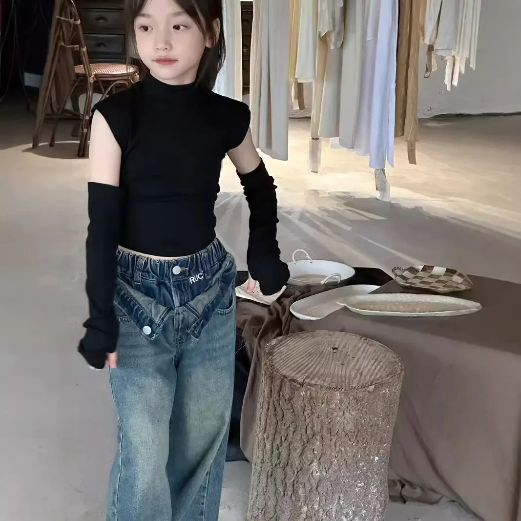 Girls Pants 2024 Autumn New Childrens Wear Korean Style Girl Baby Jeans Straight Leg Flanged Fake Two Casual Simple Daily