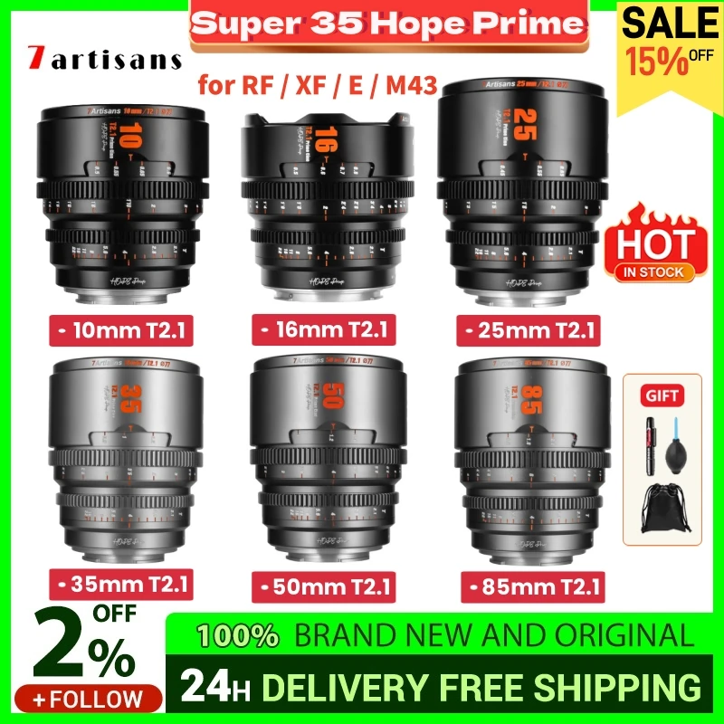 7artisans 10/16/25/35/50/85mm T2.1 S35 Frame Manual Focus Hope Prime Cinema Lens For Sony E A7II FUJI FX Micro 4/3 for Canon RF