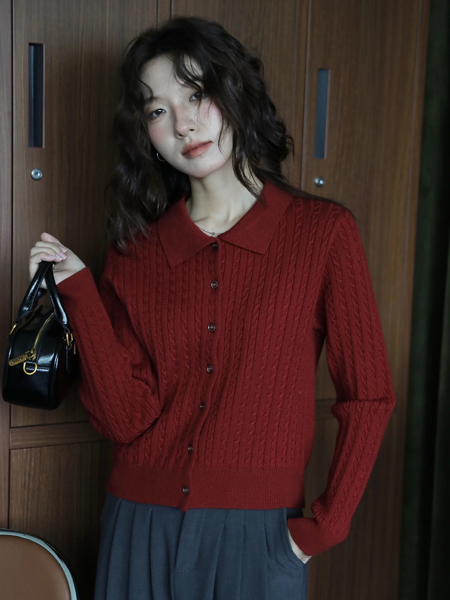 

Red Twist Knitted Sweater Cardigan Long Sve Collar Soft Autumn Winter New Sle Simple Design Outerwear Women's Faion