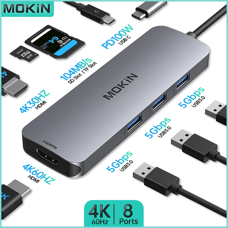 

MOKiN 8 in 1 Docking Station - USB3.0, HDMI 4K30Hz, HDMI 4K60Hz, PD 100W - Perfect for MacBook Air/Pro, iPad, Thunderbolt Laptop