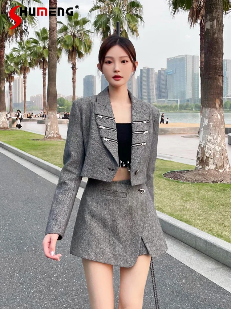 

Women's 2024 Autumn Winter New Zipper Small Suit Skirt Sets Ladies Long Sleeve Tops Irregular High Waist Skirts Two-piece Sets