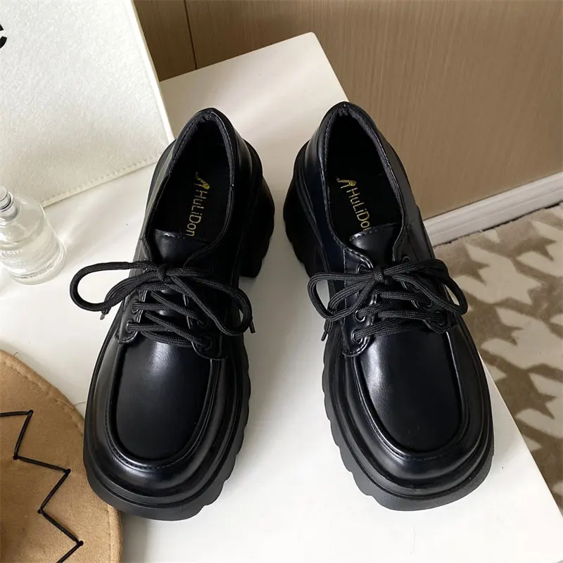 Platform Vintage Shoes Oxford Shoes 2024 autumn Vintage Brown Leather Lace Up Women Fashion Loafer Shoes Black Oxford Shoes