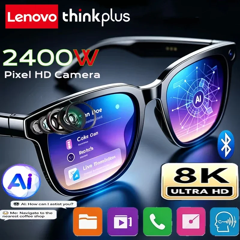 Lenovo ThinkPlus Upgrade Smart AI Glasses 800W HD 8K Shooting Camera Photo Video Voice Call Translation AI Motorcycle Glasses