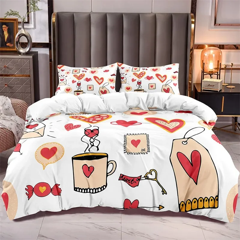 3D Love Heart Duvet Cover Romantic Bedding Set Microfiber Love Letters Quilt Cover Full King For Boys Girls Adults Bedroom Decor