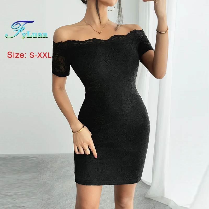 فستان نسائي صيفي جديد نحيف برقبة قارب قبالة الكتف دانتيل كم قصير حزمة سيدة الوركين فستان موضة فستان حفلات الكوكتيل