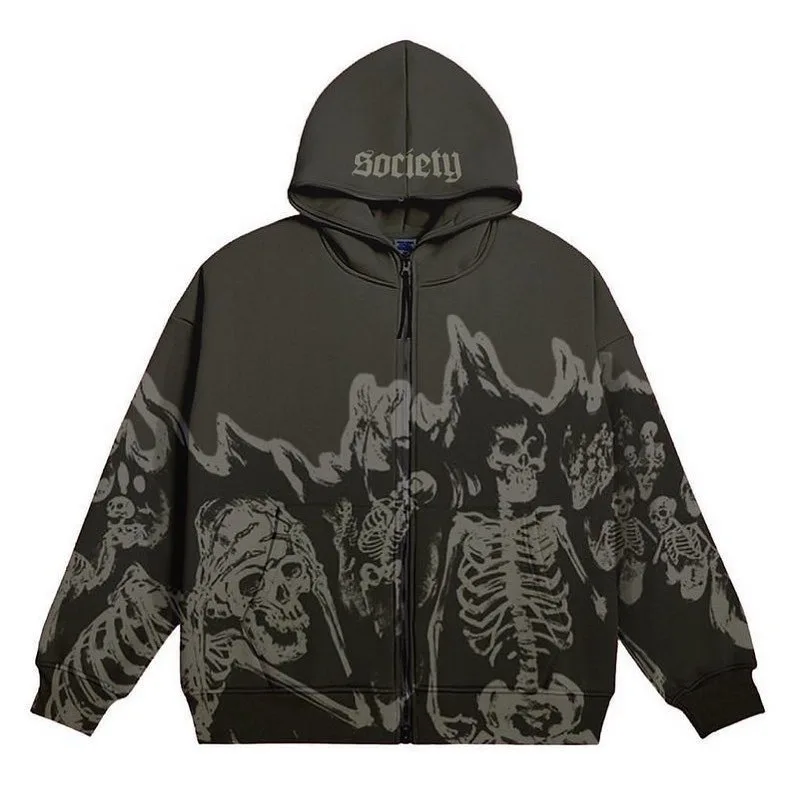 Anime Skull Pattern Men\'s Hoodies Y2K Streetwear Retro Gothic Blast Print Sweatshirt Men Harajuku Zipper Cardigan Hoodie