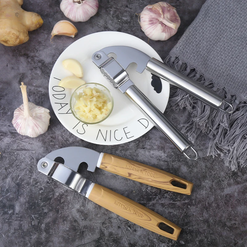 

Professional Garlic Press Stainless Steel Mincer with Ergonomic Handles 2 Styles Stainless Steel or Wooden Handles, Easy-to Clen