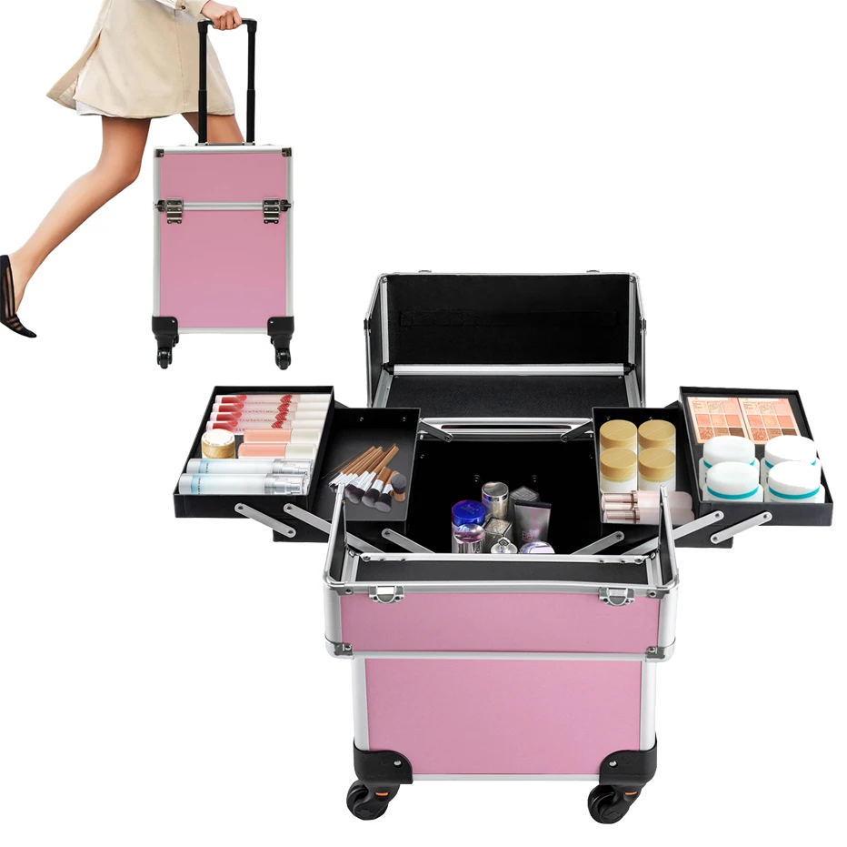 

Cosmetic Trolley, Rolling Makeup Train Case Large Storage with Key, Removable Wheels 34x24x45cm/ 13.4x9.4x17.7in, Pink