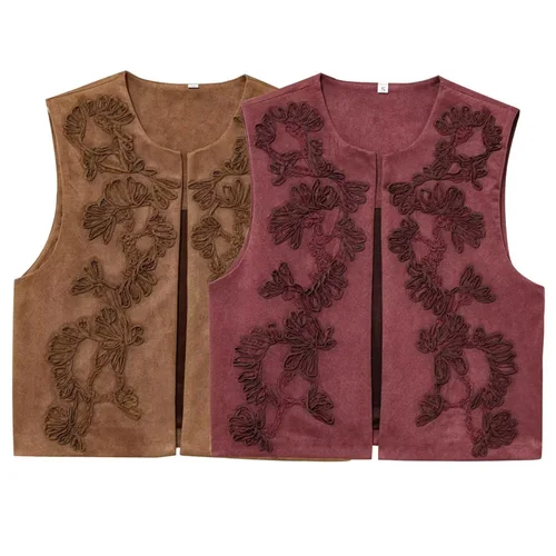 Imagen 2 del producto HXAO 2025 Chaleco corto para mujer, chaleco bordado, chaleco de ante de primavera, chaleco sin mangas, cárdigan, nueva ropa de abrigo, Giletes para mujer 066