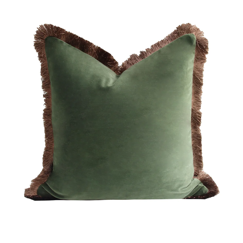 RUIYI Bohemian Style Green and Pink Velvet Decorative Cushion Cover With Brown Fringe 45X45CM Sofa Throw Pillow