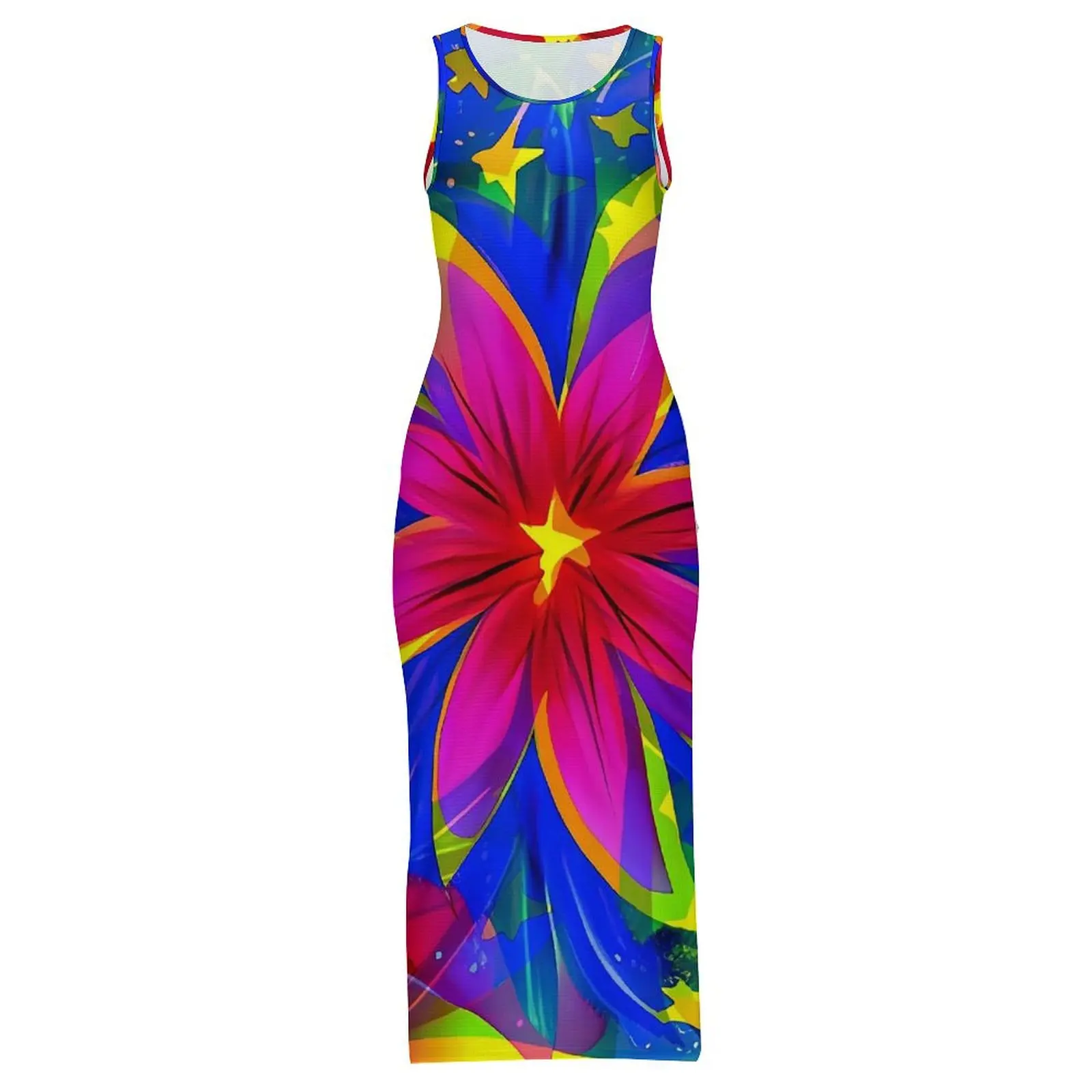Abito floreale hawaiano senza maniche Flower Power Style Street Style Maxi abiti Elegante abito aderente Lady Graphic Vestido oversize