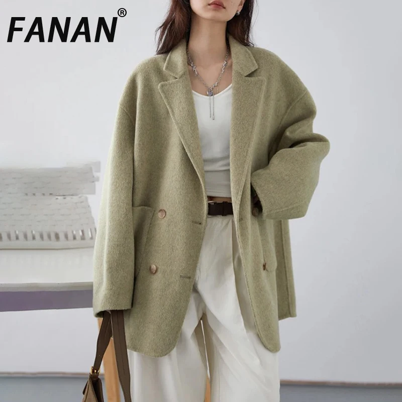

FANAN женские шерстяные пальто, свободные повседневные двубортные двусторонние куртки в стиле ретро, офисная женская верхняя одежда, осень-зима, новинка 2025 г.