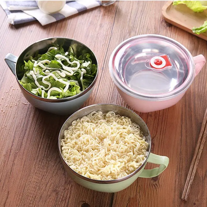 1pc Stainless Steel Bowl With Handle Solid Color Anti Scalding Instant Noodles Mixing Bowl Kitchen Tableware Food Accessory