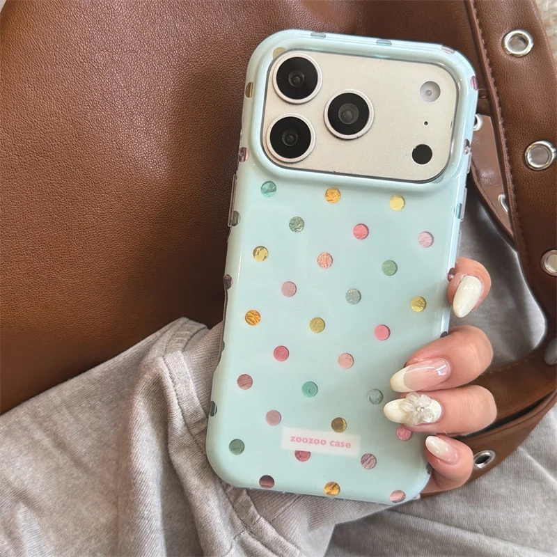 

Korean Ins Colorful Polka Dot Cute Phone Case For iPhone 17 16 15 Pro Max Blue Shockproof Protective Cover For Girls