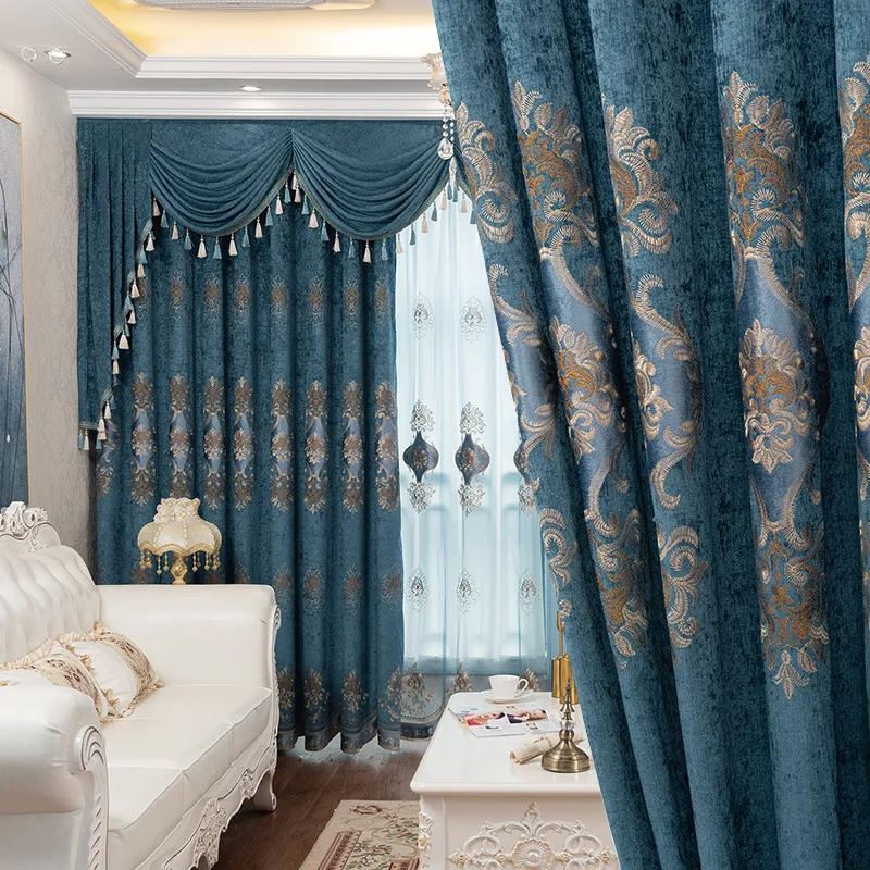 

Embroidered Luxury European Curtains for Living Room Bedroom Dining Blackout Windows Chenille High-end Blue Golden Curry Valance