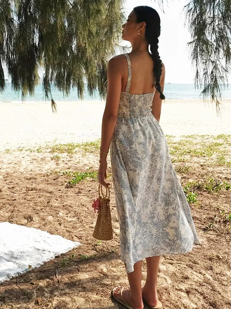 Bowknot Printed Women's Dresses Summer Casual Beach Strap Midi Dress Female Boho Light Blue Buttons Smocked Vestidos 2025