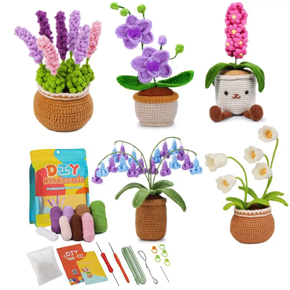 

Fenrry Potted Flower Crochet Kit for Beginners Handmade Material Package Woven Knitting Kit with Step-by-Step Video Tutorials