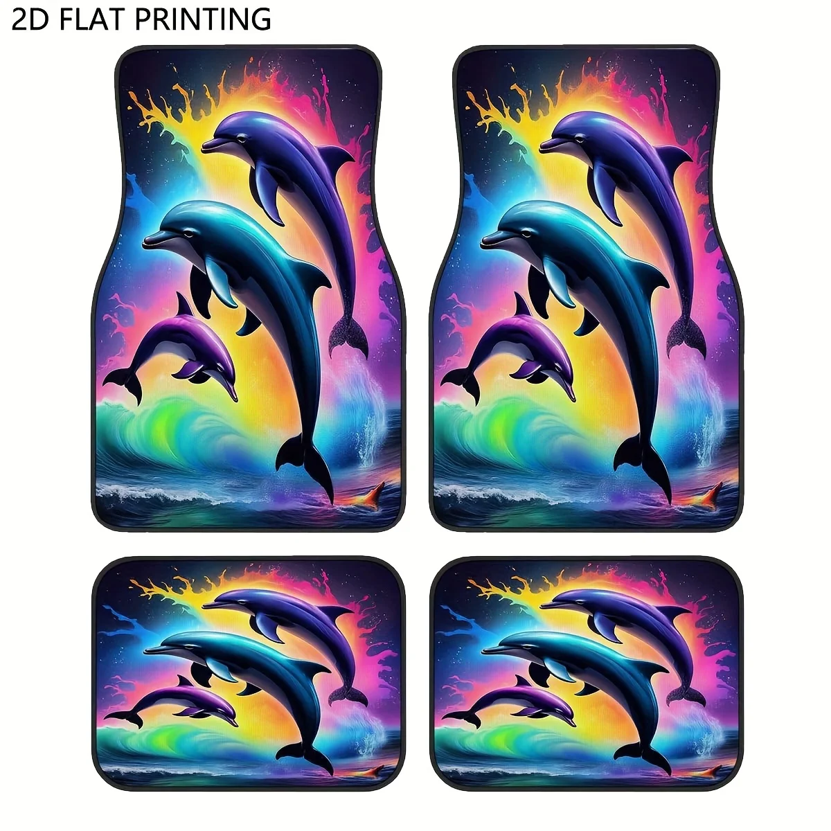 

4pcs Dolphins Leaping Rainbow Waves Car Floor Mats | Polyester Universal Fit Automotive Floor Mats, Suitable For Cars And Sedans