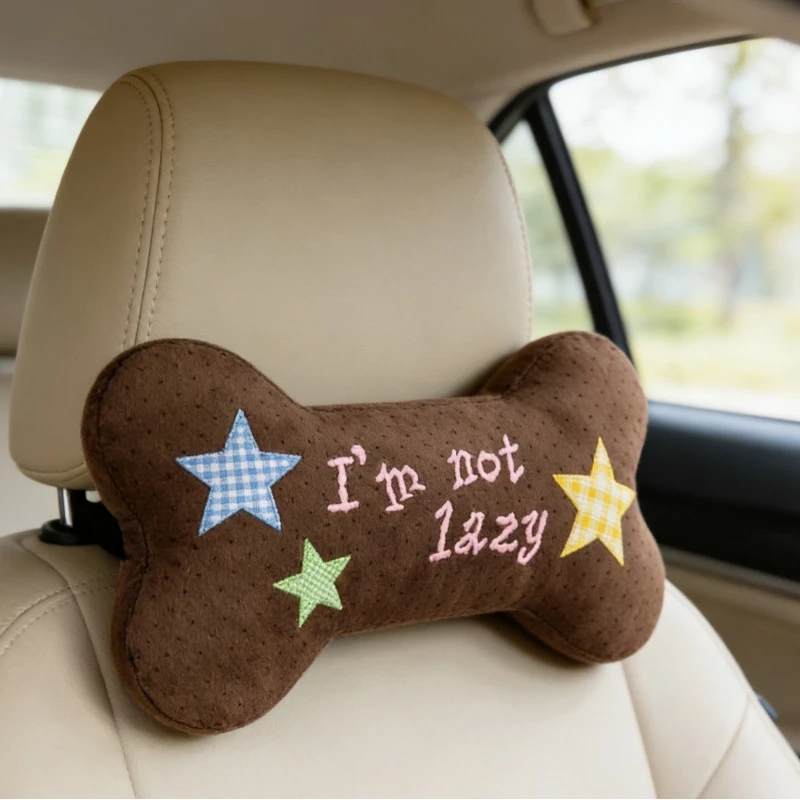 Plush Cartoon Dog Car Headrest Bone Shape Cute Waist Pillow Doll Soft Car Seat Accessories for Travel Comfort