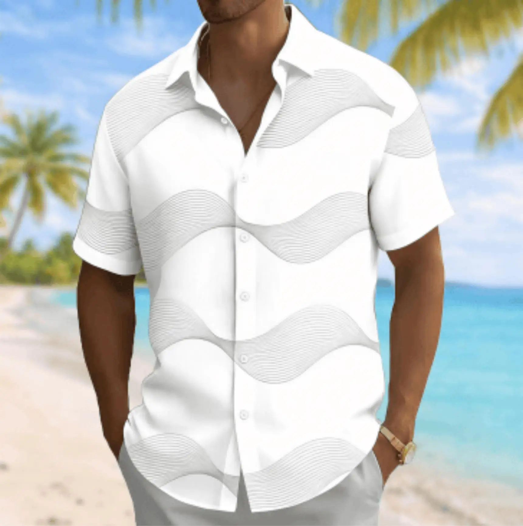 

Men's Wave Line Print Short Sleeve Shirt, Spring Summer Casual Commute Turn-Down Collar Blouse, Loose Fit Top