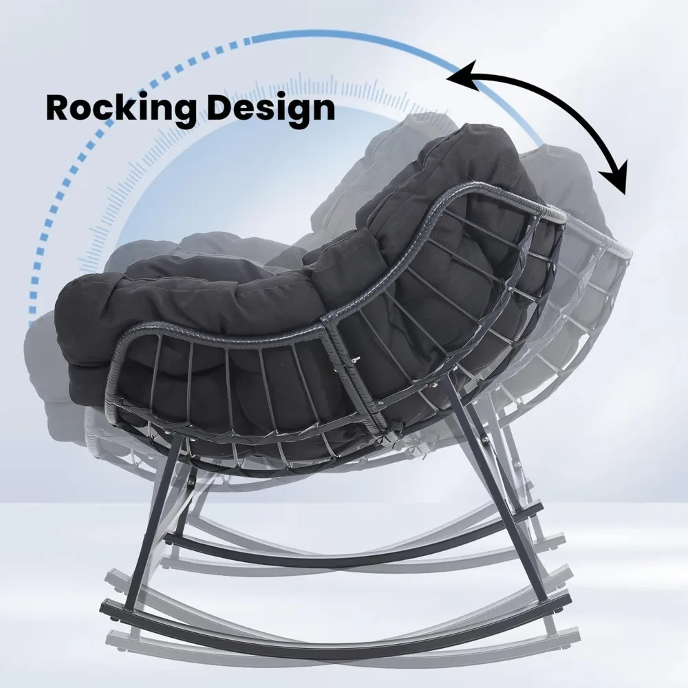 Large Rattan Rocking Papasan Chair, Indoor, Outdoor Rocker Chair, Wicker Rocker with Padded Cushion, Modern Egg Style