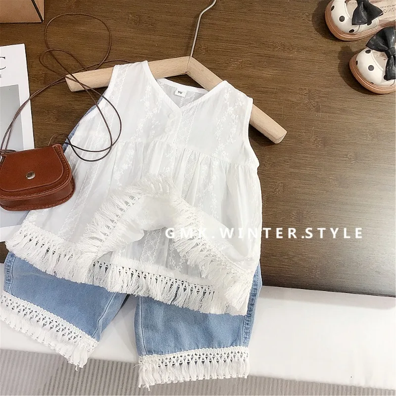 Girls Summer Outfit New Children Stylish Vest Doll Shirt Jeans Two Piece Set Baby Korean Foreign
