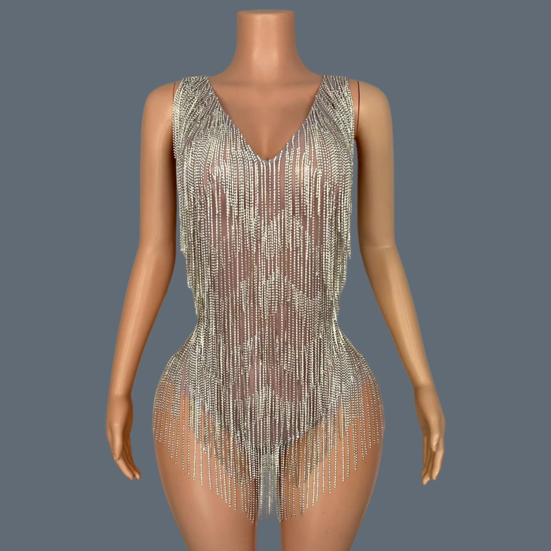Luxury Sparkly Rhinestone Chains Tassel High Cut Thong One Piece Leotard Latin Dance Outfit Transparent Mesh Bodysuit Yunceng