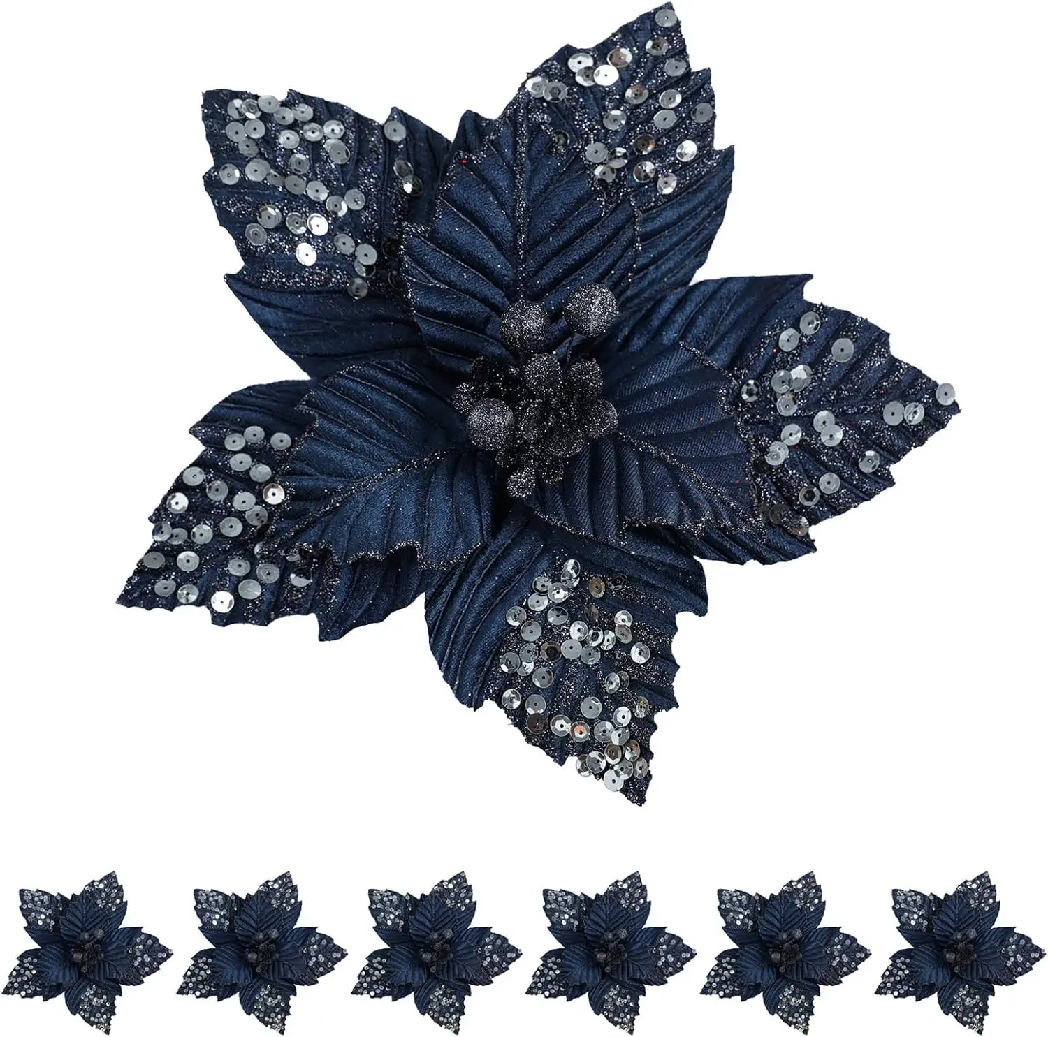 

11' Gold Glitter Poinsettia Artificial Christmas Flowers, 6pcs Navy Xmas Tree Decor