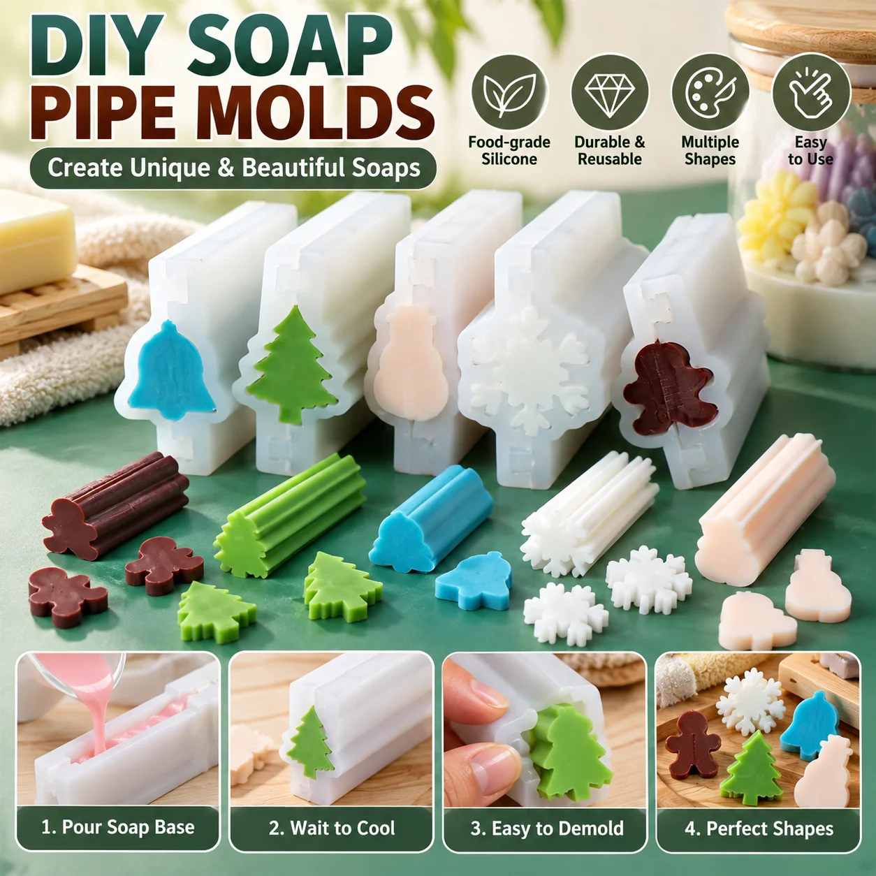 1PC Christmas Silicone Soap Mold Set Tree Snowflake Gingerbread Man Snowman Bell for DIY Resin Art Craft Gift