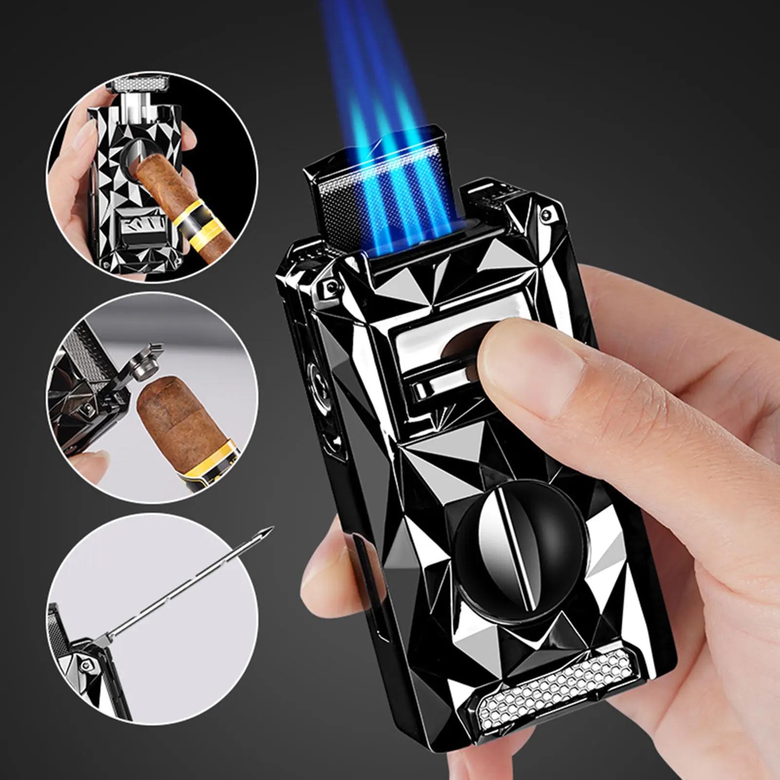 

5 in 1 Cigars Lighter 3 Jet-Flame Torch Lighter with Cigars V Cutter/Cigars Holder/Cigars Punch Refillable Butane Lighters