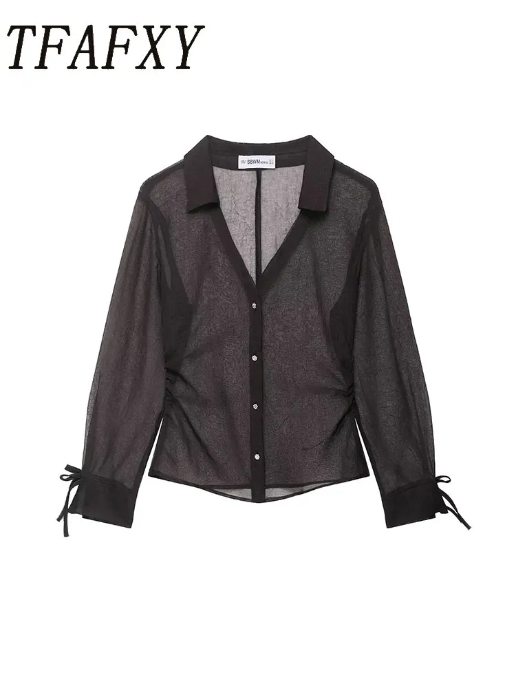 TFAFXY قمصان نسائية شفافة بأكمام طويلة ورقبة على شكل V بلوزات عصرية أنيقة للفتيات قميص نسائي أنيق