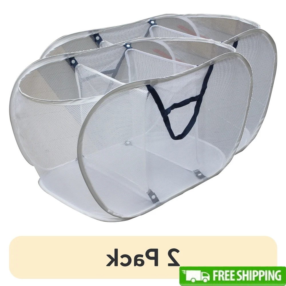 

Collapsible Laundry Basket 2 Pack White Polyester Mesh Three Compartment Hamper with Carrying Straps Home Organization