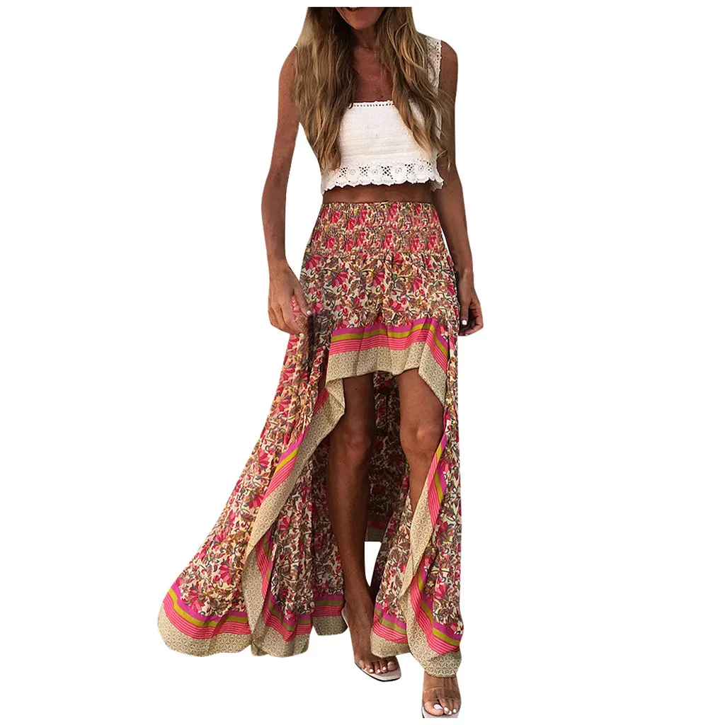 Verão Cintura Alta Longo Impresso A Linha Saia Floral Mulheres Casual Praia Faldas Feminino Boho Cintura Elástica Férias Maxi Saias