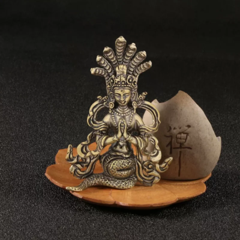 Vintage Copper Mini Tantric Buddha & Nine-Serpent Nuwa Goddess Statue - Traditional Chinese Mythological Artwork, Desktop Decor