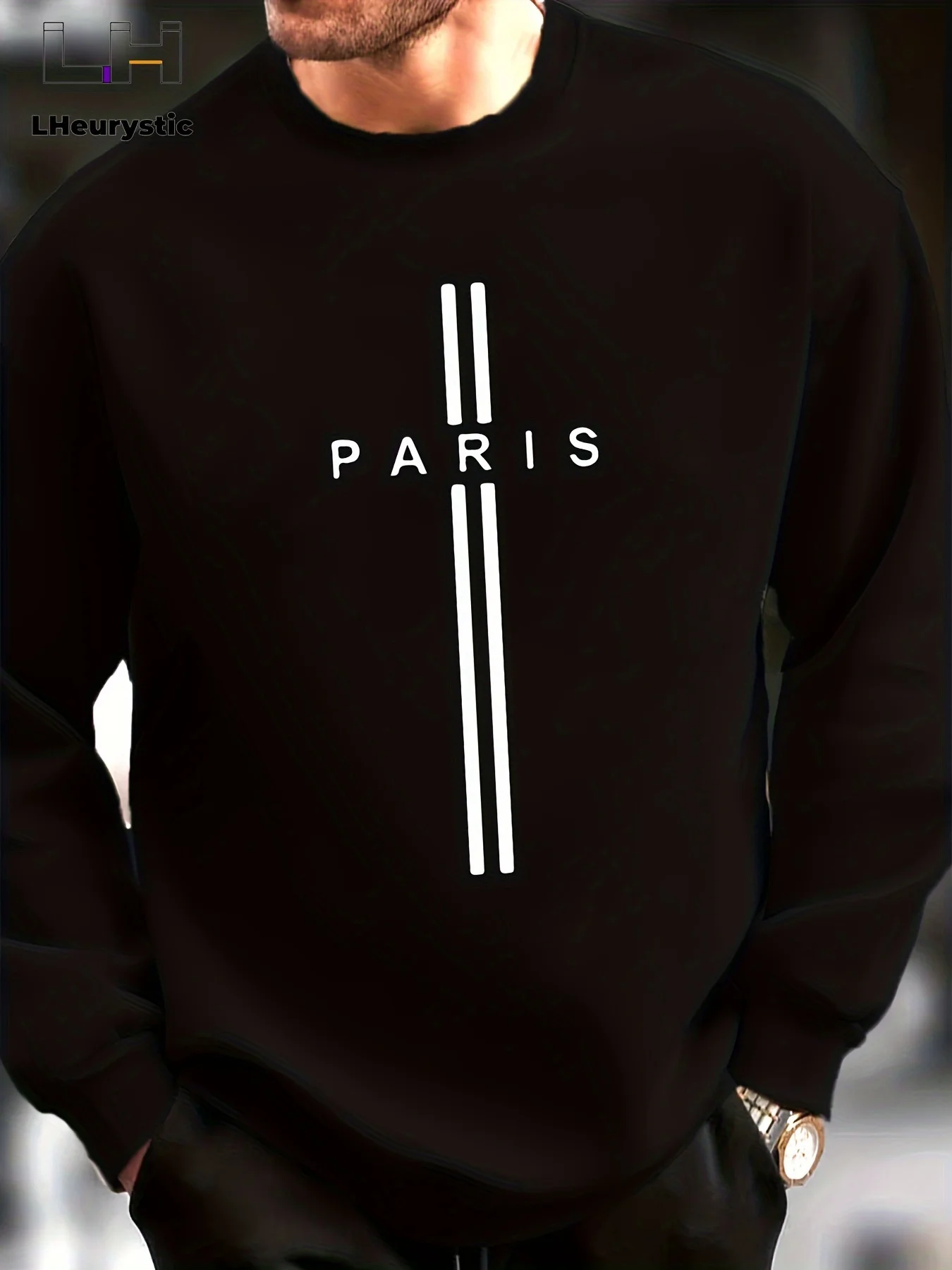 Men\'s autumn and winter casual sports loose oversized Paris print with fleece warm pullover round neck long sleeved sweatshirt